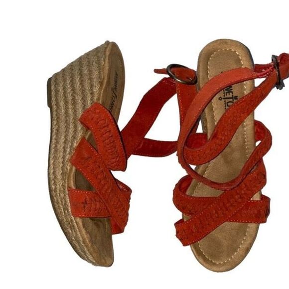 Minnetonka strappy orange suede wedge sandal espadrille 6 summer resort cute - Picture 1 of 7